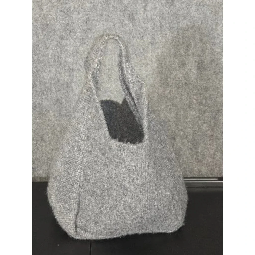 Grey Knit Wool Blend Slouchy Hobo Bag Blue Flower Pin Minimalist Tote‎ Hipster